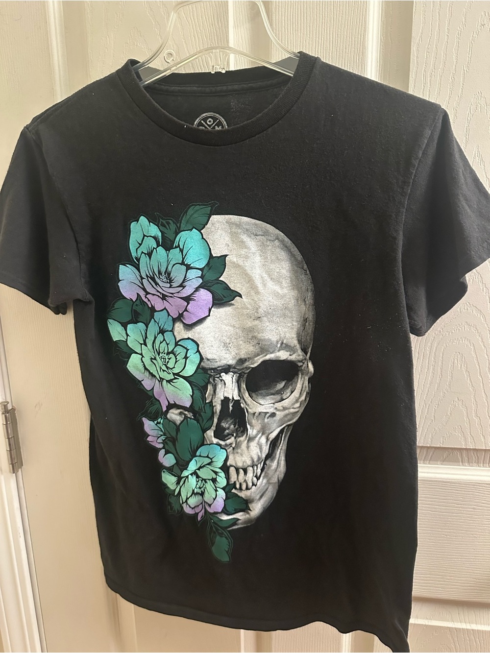 DOM Flower Skull & Floral Graphic Tee - Blue Green Purple Flowers - S